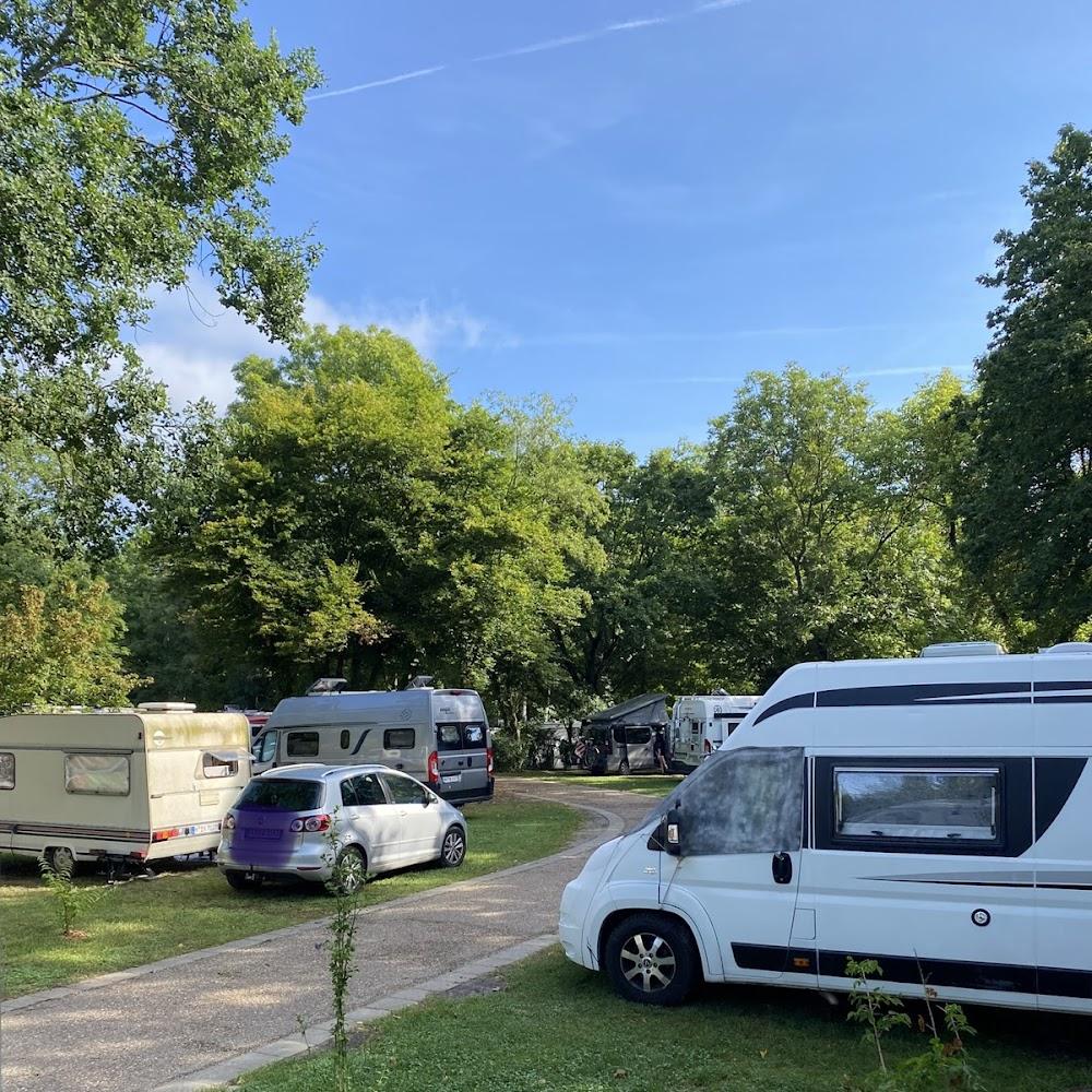 A campground with RVs and a car parked in the grass.
